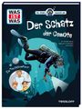 Buchtitel: "Der Schatz der Cenote". Illustration: Taucher in Höhle, beleuchtet mit Taschenlampe. Drei Personen im Kreis.