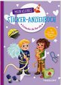 „Mein kleines Sticker-Anziehbuch: Entdecke die Berufe“; Kinder, Feuerwehrmann und Tierärztin, lila Hintergrund.