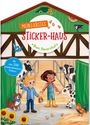 "Mein liebstes Sticker-Haus", "Mein Bauernhof", "Mit über 200 wiederablösbaren Stickern". Illustration von Kindern auf einem Bauernhof mit Tieren und Sonnenblumen.