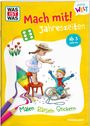 Text: "Mach mit! Jahreszeiten", "ab 3 Jahren", "Malen Rätseln Stickern".  
Illustration: Kinder spielen mit einem Drachen.