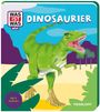 "Was ist Was Mini: Dinosaurier. Ab 3 Jahren." Illustration eines grünen Dinosauriers in einer bunten, tropischen Landschaft.