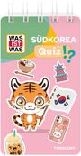 "SÜDKOREA Quiz" steht auf einem bunten Notizbuch. Darauf sind ein Tiger, eine Flagge, Essen und Gebäude als Illustrationen.