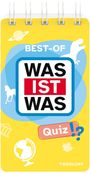 „BEST-OF WAS IST WAS Quiz!?“ in bunten Kästchen; Dinosaurier, Pferd, Globus und griechisches Tempelsymbol auf gelbem Hintergrund.