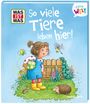 Text: "WAS IST WAS", "So viele Tiere leben hier!", "Meine WELT", "TESSLOFF".  
Illustration: Mädchen, Igel, Maus, Schmetterling, Vogel, Gartenzaun.