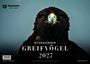 Text: "Bildkalender Greifvögel 2027". Eine Nahaufnahme eines Adlerkopfes, ernst und fokusiert. Logo links oben.