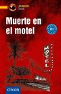 "Muerte en el motel" steht groß im Zentrum. Darunter ist ein Gebäude mit einem Motel-Schild, verziert mit einem Totenkopf.