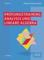 „PRÜFUNGSTRAINING ANALYSIS UND LINEARE ALGEBRA“ steht im Zentrum. Bunte geometrische Form auf blauem Hintergrund.