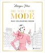 "DIE WELT DER MODE, DAS COLOURING BOOK". Stilvolle Frau in rosa Kleid mit Pariser Hintergrund; elegante Illustration.