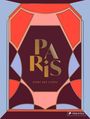 "PARIS STADT DES LICHTS". Art-Deco-Illustration mit geometrischen Mustern in Rot, Rosa und Blau.