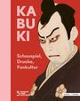 Text: KABUKI, Schauspiel, Drucke, Fankultur. Illustration eines Kabuki-Darstellers mit markantem Make-up.