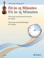"Fit in 15 Minutes, Fit in 15 Minuten. Warm-ups and Essential Exercises for Violin. Uhr, Geige und Logo unten links."