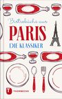 "Bistroküche aus PARIS: Die Klassiker". Illustration von Weingläsern, Flaschen, Besteck und dem Eiffelturm.