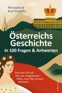 Titel: "Österreichs Geschichte in 100 Fragen & Antworten". Illustration: Frau, Berge, Gebäude mit Krone.