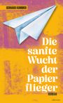 "Die sanfte Wucht der Papierflieger" von Gerhard Kummer, Illustration: Papierflieger auf gelb-violettem Hintergrund.
