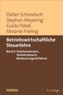 Text: Autoren: Dieter Schneeloch, Stephan Meyering, Guido Patek, Melanie Frieling. Titel: Betriebswirtschaftliche Steuerlehre, Band 3: Substanzsteuern, Verkehrsteuern, Besteuerungsverfahren. Verlag: Vahlen. 8. Auflage.  
Gestaltung: Oben helles Beige, unten braun.