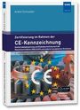Text: "Zertifizierung im Rahmen der CE-Kennzeichnung". Technische Illustration mit Zahnrädern und EU-Symbolen im Hintergrund.