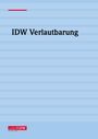 Text: "IDW Verlautbarung". Unter einem roten Streifen, blau gestreifter Hintergrund, unten links IDW-Logo.