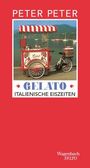 Buchtitel: „GELATO ITALIENISCHE EISZEITEN”. Bild: Ein nostalgischer Eiswagen am Wasser mit rot-weißem Baldachin.
