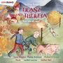 Justina Bauer: Franz und Theresa. Hint häa, wia wern! Illustration zweier Kinder, die mit einem Schwein laufen.