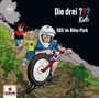 Aufschrift: "Die drei ??? Kids", "SOS im Bike-Park". Illustration von drei Kindern, eines auf einem Fahrrad im Gelände.