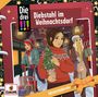 „Diebstahl im Weihnachtsdorf“, „Adventskalender“. Eine Illustration mit drei Mädchen, Geschenken und Weihnachtslichtern.