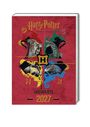 "Harry Potter", "Hogwarts 2027"; Löwe, Schlange, Dachs, Adler; vier Hausillustrationen auf rotem Hintergrund.