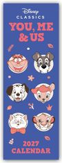 "YOU, ME & US", "2027 CALENDAR". Illustrationen von Disney-Tierfiguren auf blauem Hintergrund mit floralen Verzierungen.