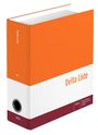 Text: "Delta Liste". Ein orange-weißer Ordner mit seitlicher Öffnung und einem runden Loch auf der Vorderseite.