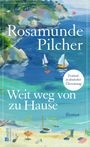 "Rosamunde Pilcher, Weit weg von zu Hause, Roman." Malerische Küstenszene mit Segelbooten und Strand.
