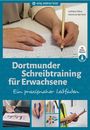 Texte: "verlag modernes lernen", "Dortmunder Schreibtraining für Erwachsene", "Ein praxisnaher Leitfaden". Hände schreiben, Stifte.