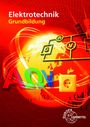 „Elektrotechnik Grundbildung“ in Weiß und Gelb. Illustration mit Steckdose, Schaltkreis und Buchstaben auf rotem Hintergrund.