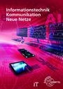 „Informationstechnik Kommunikation Neue Netze“. Hintergrund mit Monitoren, Tastaturen und mobilen Geräten in Rot- und Blautönen.