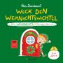 "Weck den Weihnachtswichtel - Ein Weihnachts-Mitmachbuch - 2-4 Jahre". Illustration: Wichtel öffnet rote Tür mit Kranz.