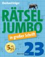 „Rätsel Jumbo in großer Schrift“, grüner und blauer Text auf Kreuzworträtsel-Hintergrund, Elefant oben, Münze unten.