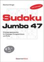 „Sudoku Jumbo 47“ von Eberhard Krüger, 5 Schwierigkeitsstufen, mit Lösungen, Preis: €5,- UVP. Im Hintergrund Sudoku-Gitter.
