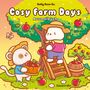 "Cosy Farm Days Ausmalbuch" in freundlicher Schrift. Zwei niedliche Tiere ernten Äpfel auf einer Wiese voller Bäume.