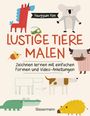 „Lustige Tiere malen. Zeichnen lernen mit einfachen Formen und Video-Anleitungen“ steht in großen, bunten Buchstaben. Darüber sind bunte, einfache Tierillustrationen wie ein Einhorn, Koala, Grashüpfer, und Krokodil.