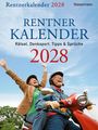 „Rentner Kalender 2028: Rätsel, Denksport, Tipps & Sprüche.“ Ein Paar fröhlich auf einem roten Roller unter blauem Himmel.