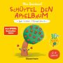 „SCHÜTTEL DEN APFELBAUM“ in roten Buchstaben. Illustration eines fröhlichen Baums mit Äpfeln, gelber Hintergrund.