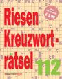 „Riesen Kreuzworträtsel 112“, „Über 140 Rätsel für € 3,99“. Hintergrund mit Kreuzworträtseln und lila Pfeilen.

