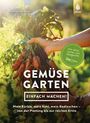 „Gemüse Garten. Einfach machen! Mit alten Sorten und Wildgemüse.“ Eine Hand hält frische Karotten im Sonnenlicht.