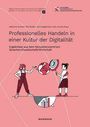 „Professionelles Handeln in einer Kultur der Digitalität“, zwei Figuren mit Technologie, zentrale Grafik mit Weltkugel, rosa Hintergrund.