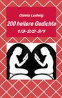 Rote Kachelmuster mit Text: "Gisela Ludwig 200 heitere Gedichte 1/3-2/2-3/1". Zwei Spiegelbilder lesender Menschen.
