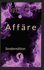 Text: "Affäre", "Sonderedition", darüber "Syzan Crow". Lila und schwarze abstrakte Muster, eine Silhouette eines Vogels in einem Kreis.