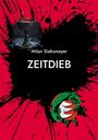"Milan Sieksmeyer. ZEITDIEB." Ein Siegel mit Drache. Dunkle Farbkleckse auf rotem Hintergrund.