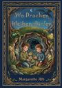 „Wo Drachen bleiben dürfen“ von Margarethe Alb. Zwei Jungen mit einem kleinen Drachen vor einer Höhle in einer Märchenlandschaft.