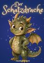 Text: "Der Schatzdrache". Illustration eines niedlichen, grünen Drachen mit Schuppen und Hörnern vor blauem Hintergrund.
