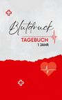 Text: "Blutdruck Tagebuch 1 Jahr". Hintergrund: Oben grau, unten rot. Symbole: Rote Kreuze, Herz mit Herzlinie.