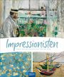 "2027 Impressionisten Caillebotte, Cassatt, Degas, Monet, Morisot, Pissarro, Renoir, Sisley, van Gogh". 

Oben ein Gemälde: Mann schaut auf blühenden Garten und Meer. Unten links blühender Mandelbaum, rechts Boote am Strand.
