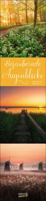 "Bezaubernde Augenblicke 2027" in eleganter Schrift auf gelbem Hintergrund. Darunter Naturbilder: Waldweg, Steg am See, Windmühlen.